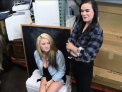 Sexy lesbian couple 3way with pawnkeeper in the backroom